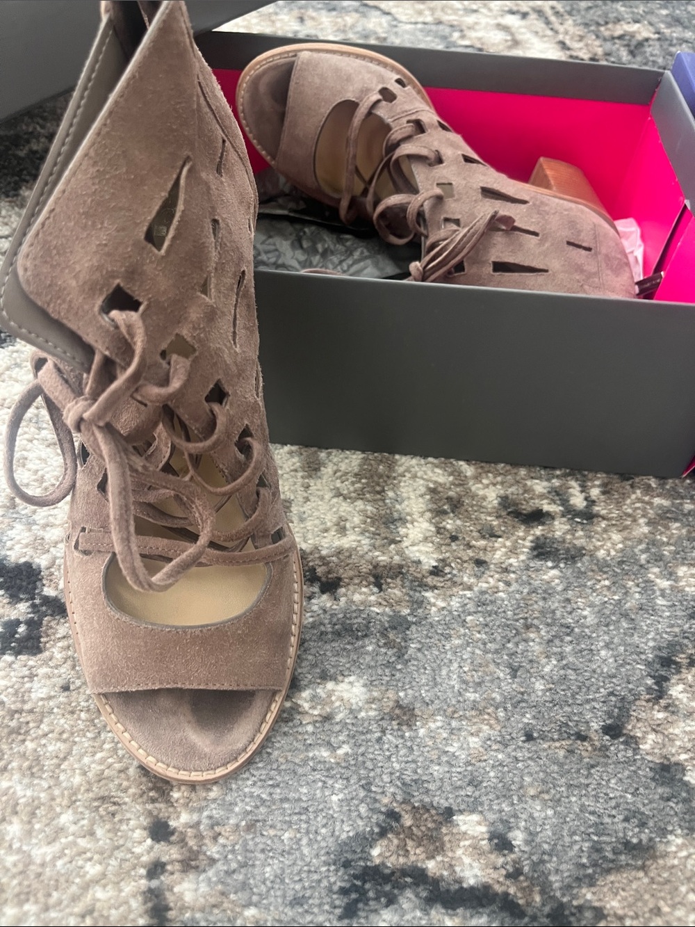 Vince Camuto Brown Suede Lace-Up Peep-Toe Block Heel Boots